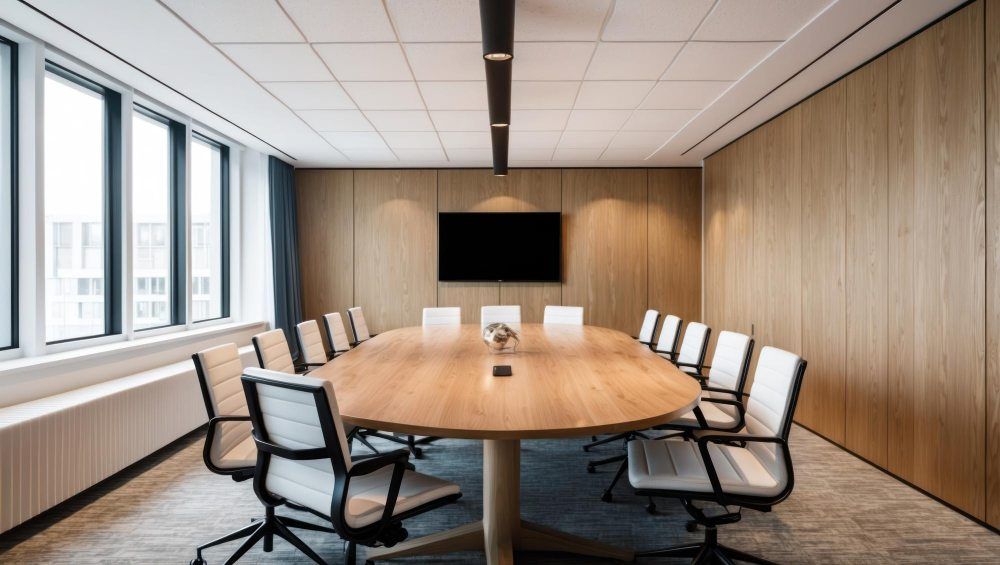 Salle de conférence élégante avec des accents en bois et une vue sur la ville