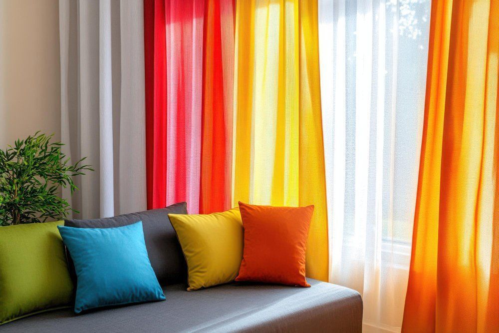 Salon minimaliste avec canapé gris et coussin multicolores, et rideaux colorés